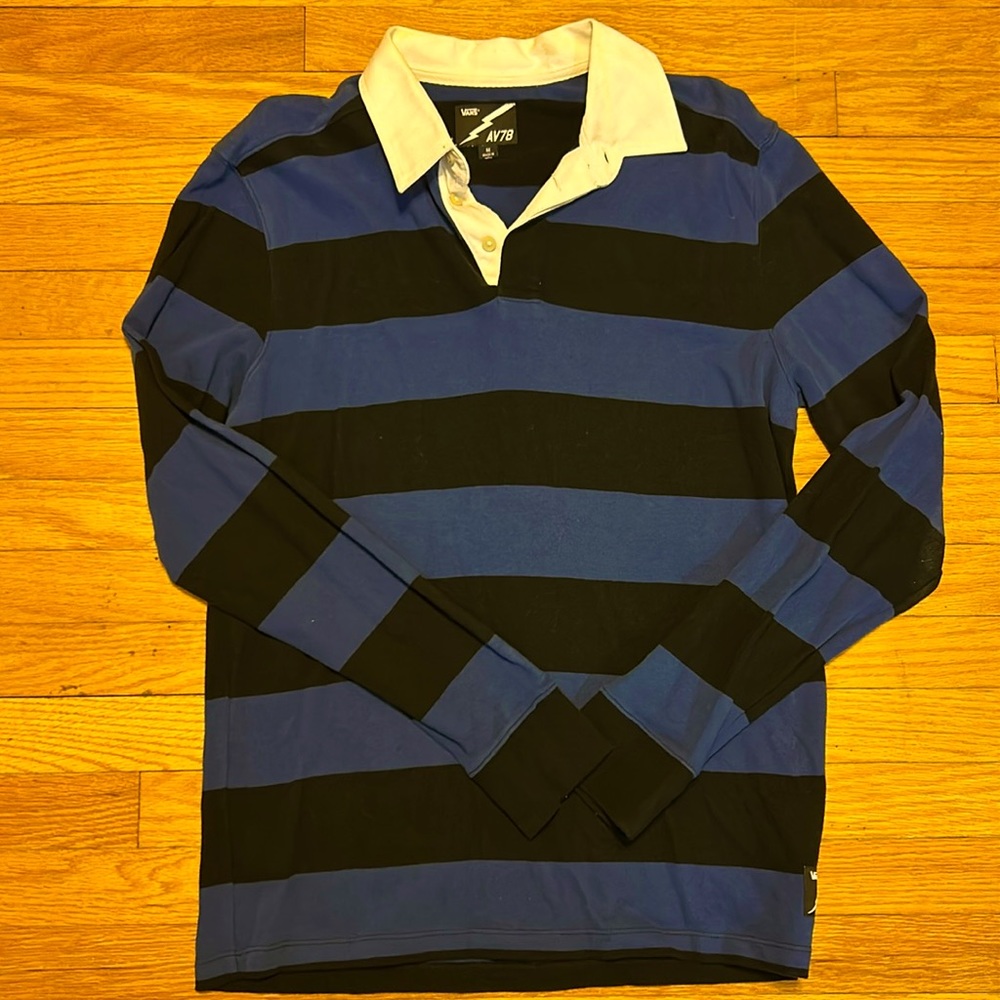 Mens Vans Striped Long sleeve Henley Shirt. Black and Blue. Size Medium.